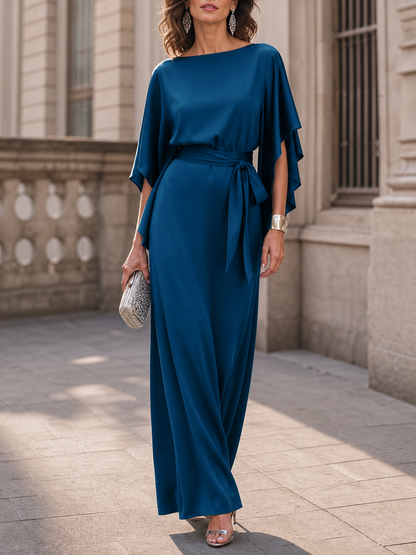 Elegant Blue Satin Maxi Dress for Women with Boat Neck Flutter Sleeve Belted Autumn Wedding Guest Style