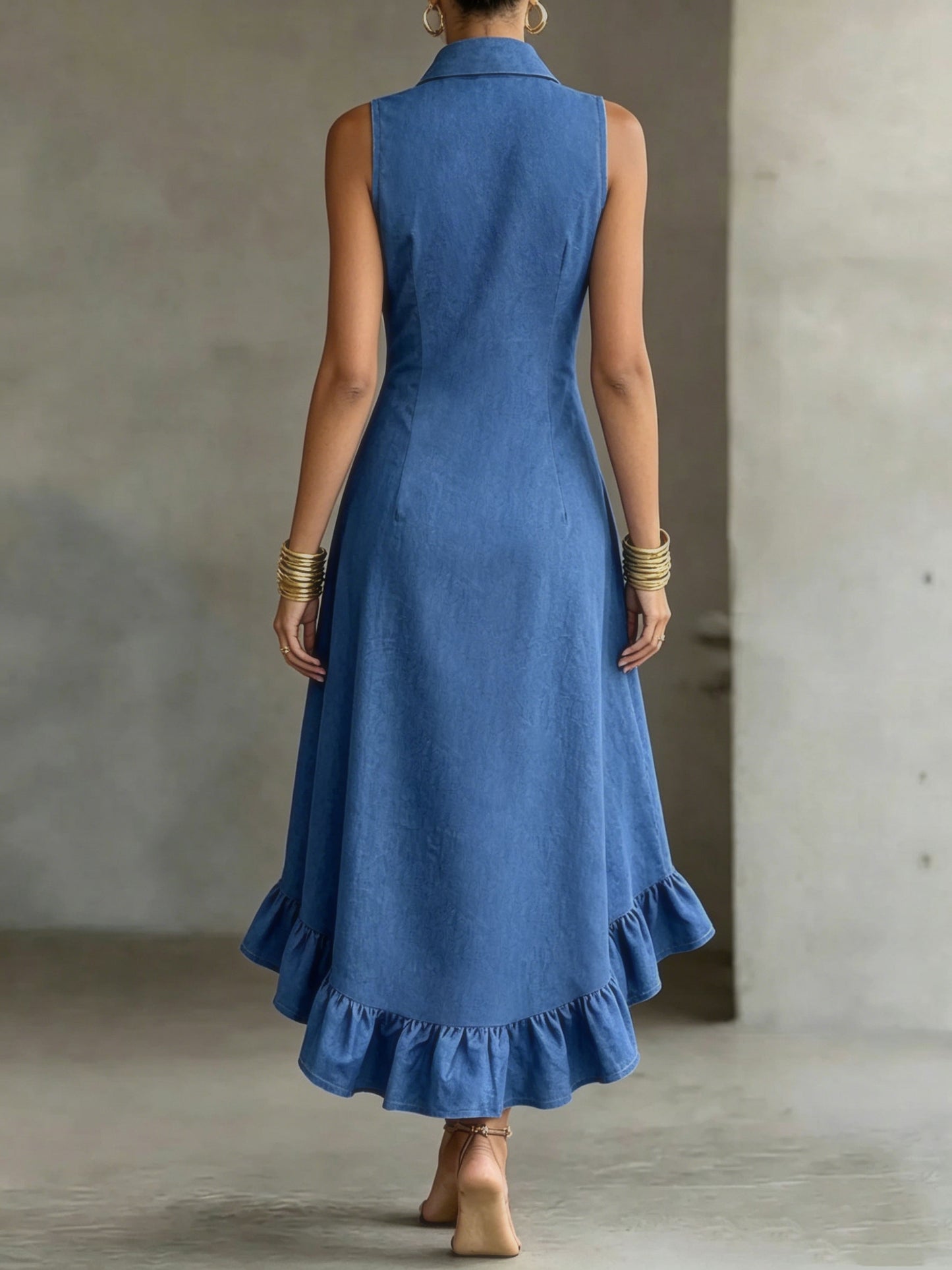 Effortless Blue Denim Dress for Women with Collar Sleeveless Button Front High Low Ruffle Style