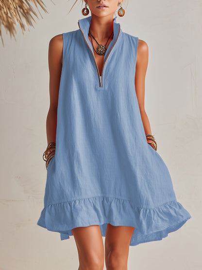 Effortless Linen Mini Dress for Women with Zip Collar Sleeveless Ruffle Hem Flowing Style