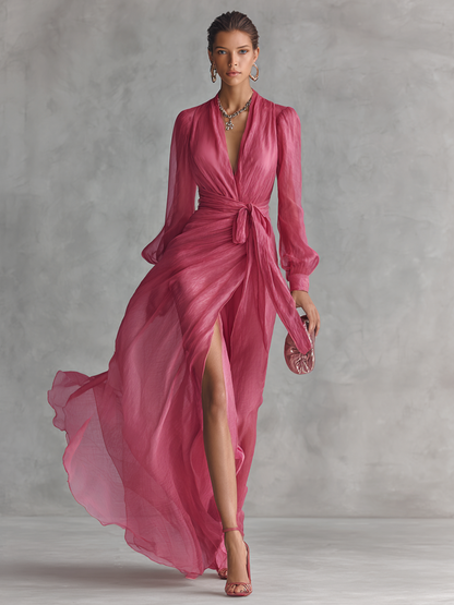 Elegant Pink Dresses for Women with V Neck Tie Waist Long Sleeve Chiffon Side Slit Formal Wedding Guest Style