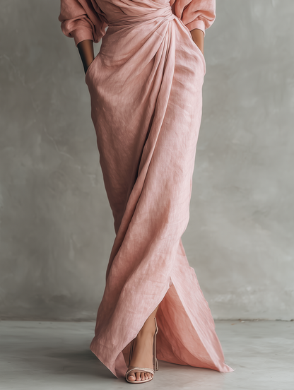 Elegant Linen Wrap Maxi Dress for Women with Deep V-Neck Batwing Sleeve Twist Waist Style