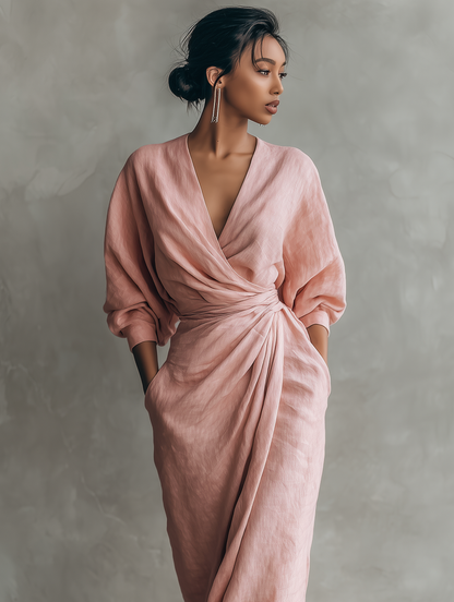 Elegant Linen Wrap Maxi Dress for Women with Deep V-Neck Batwing Sleeve Twist Waist Style