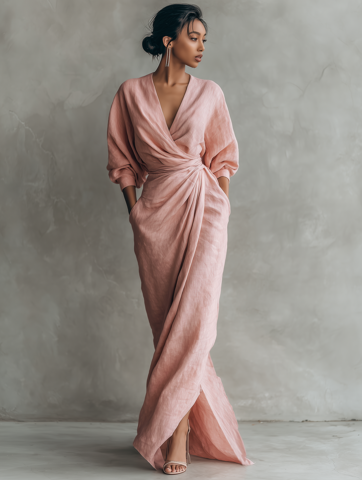 Elegant Linen Wrap Maxi Dress for Women with Deep V-Neck Batwing Sleeve Twist Waist Style