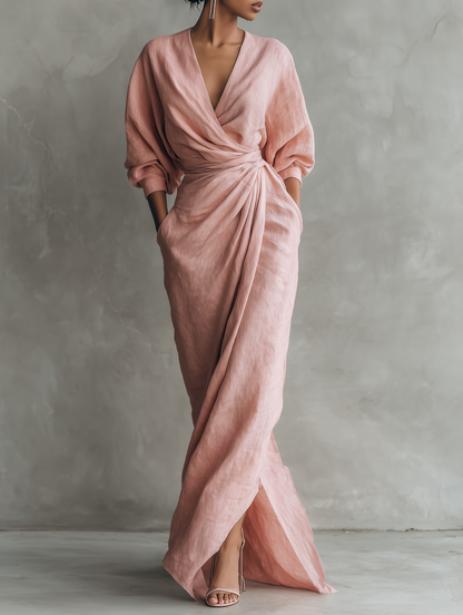 Elegant Linen Wrap Maxi Dress for Women with Deep V-Neck Batwing Sleeve Twist Waist Style