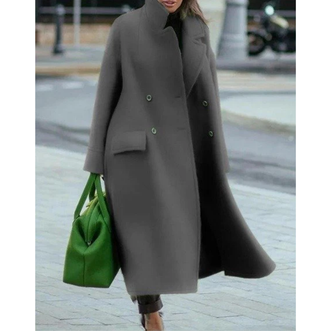 Elegant Wool Trench Coat for Women with Stand Collar Long Sleeve Double Breasted Maxi Style