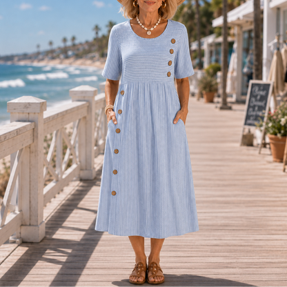 Effortless Striped Linen Midi Dress for Women with Scoop Neck Short Sleeve Button Trim Relaxed Casual Style