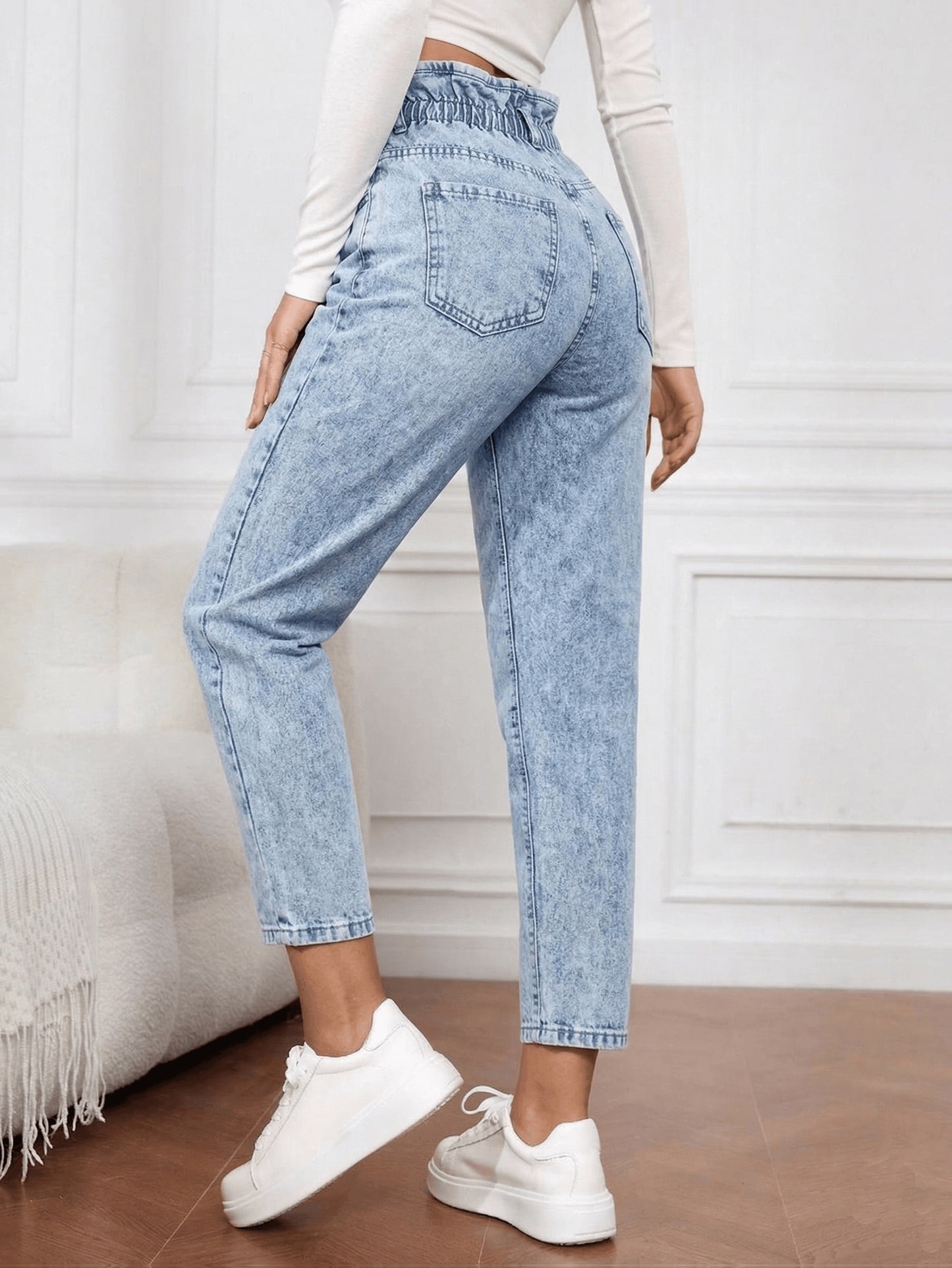 Effortless Blue Acid Wash Mom Jeans for Women with Paperbag Waist Button Front Tapered Relaxed Style