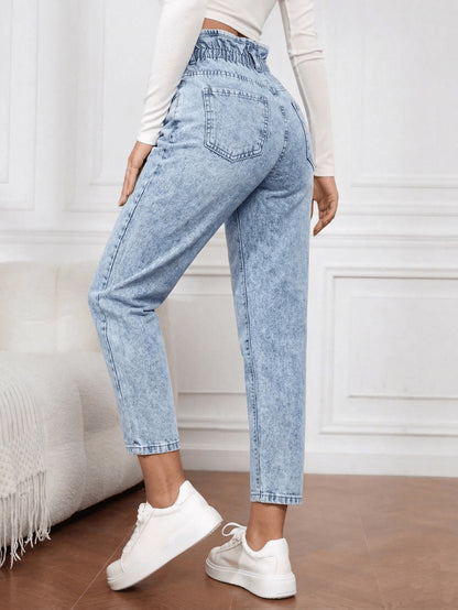 Effortless Blue Acid Wash Mom Jeans for Women with Paperbag Waist Button Front Tapered Relaxed Style