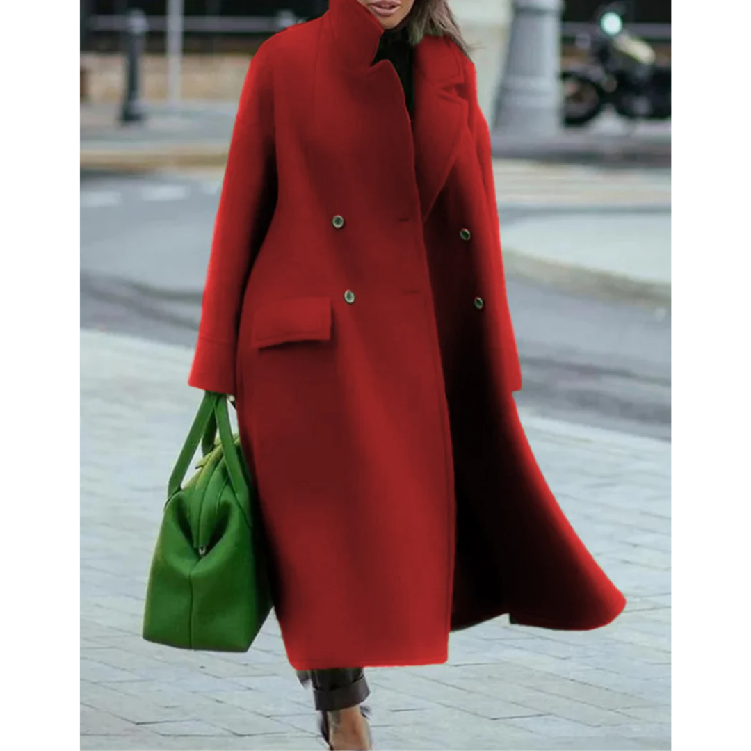 Elegant Wool Trench Coat for Women with Stand Collar Long Sleeve Double Breasted Maxi Style