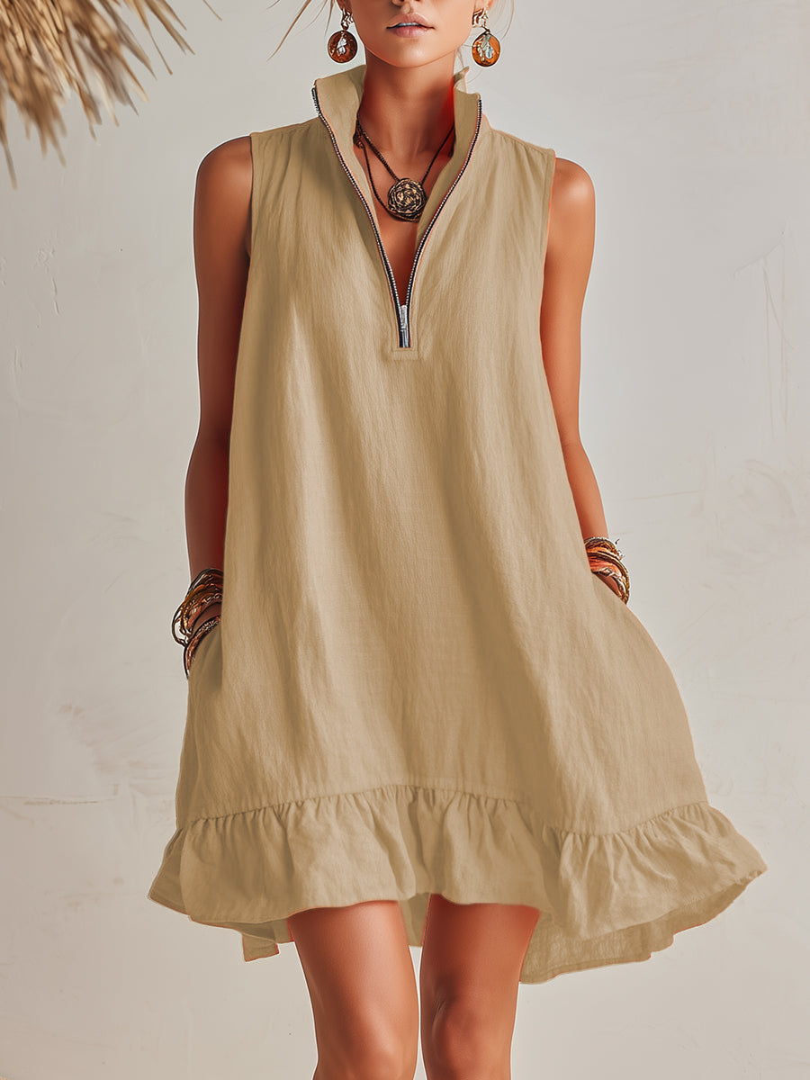 Effortless Linen Mini Dress for Women with Zip Collar Sleeveless Ruffle Hem Flowing Style
