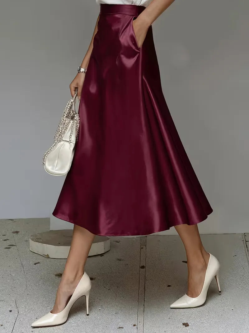 Elegant Satin Midi Skirt for Women with High Waist A Line Pocket Flowing Style