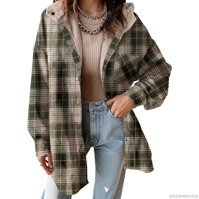 Cozy Plaid Shacket for Women with Hooded Collar Long Sleeve Sherpa Lined Flannel Oversized Style