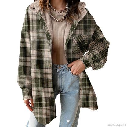 Cozy Plaid Shacket for Women with Hooded Collar Long Sleeve Sherpa Lined Flannel Oversized Style
