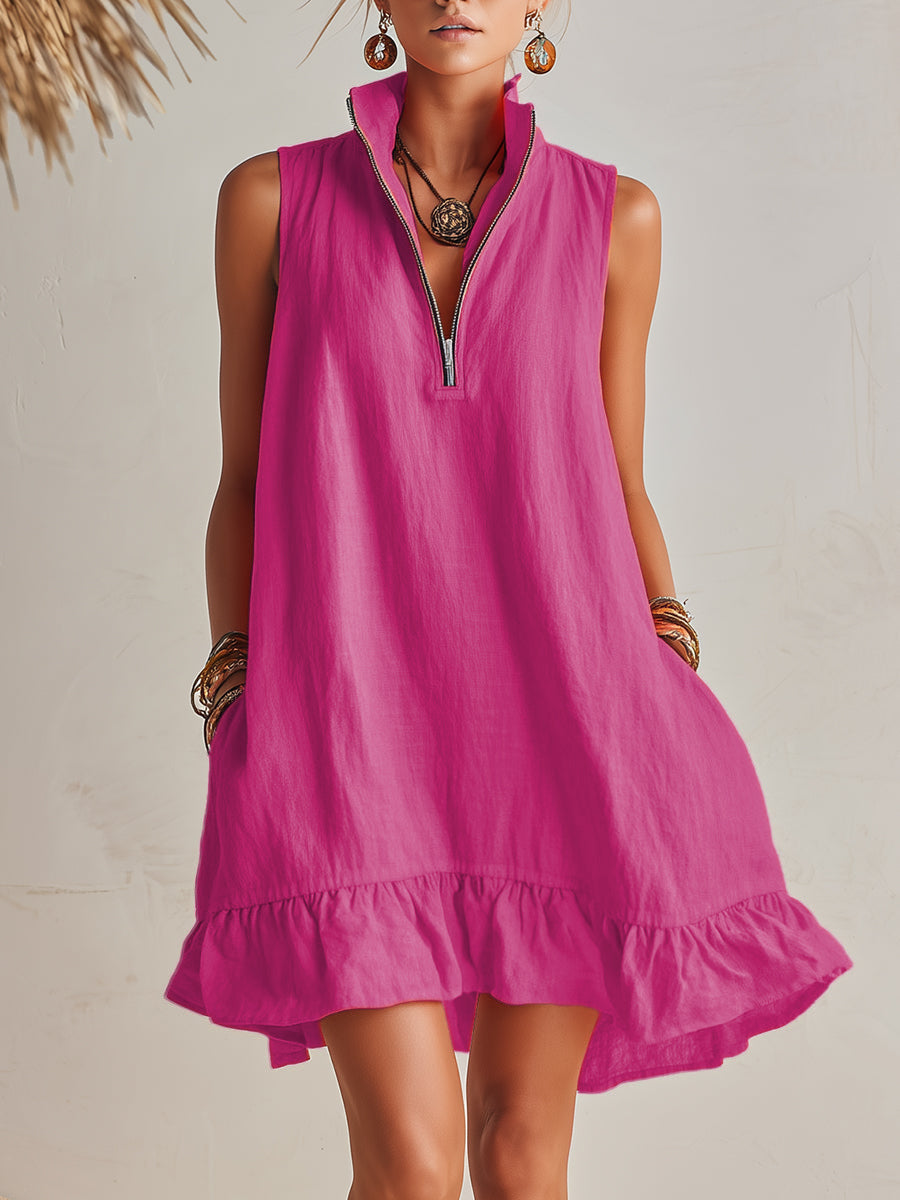 Effortless Linen Mini Dress for Women with Zip Collar Sleeveless Ruffle Hem Flowing Style