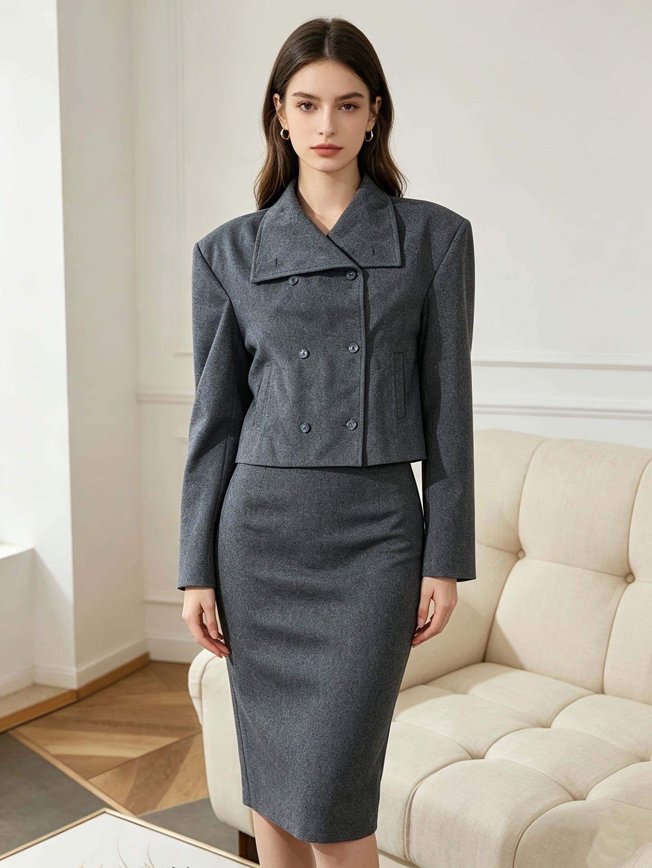 Elegant Wool Pea Coat for Women with Notch Lapel Long Sleeve Double Breasted Cropped Style