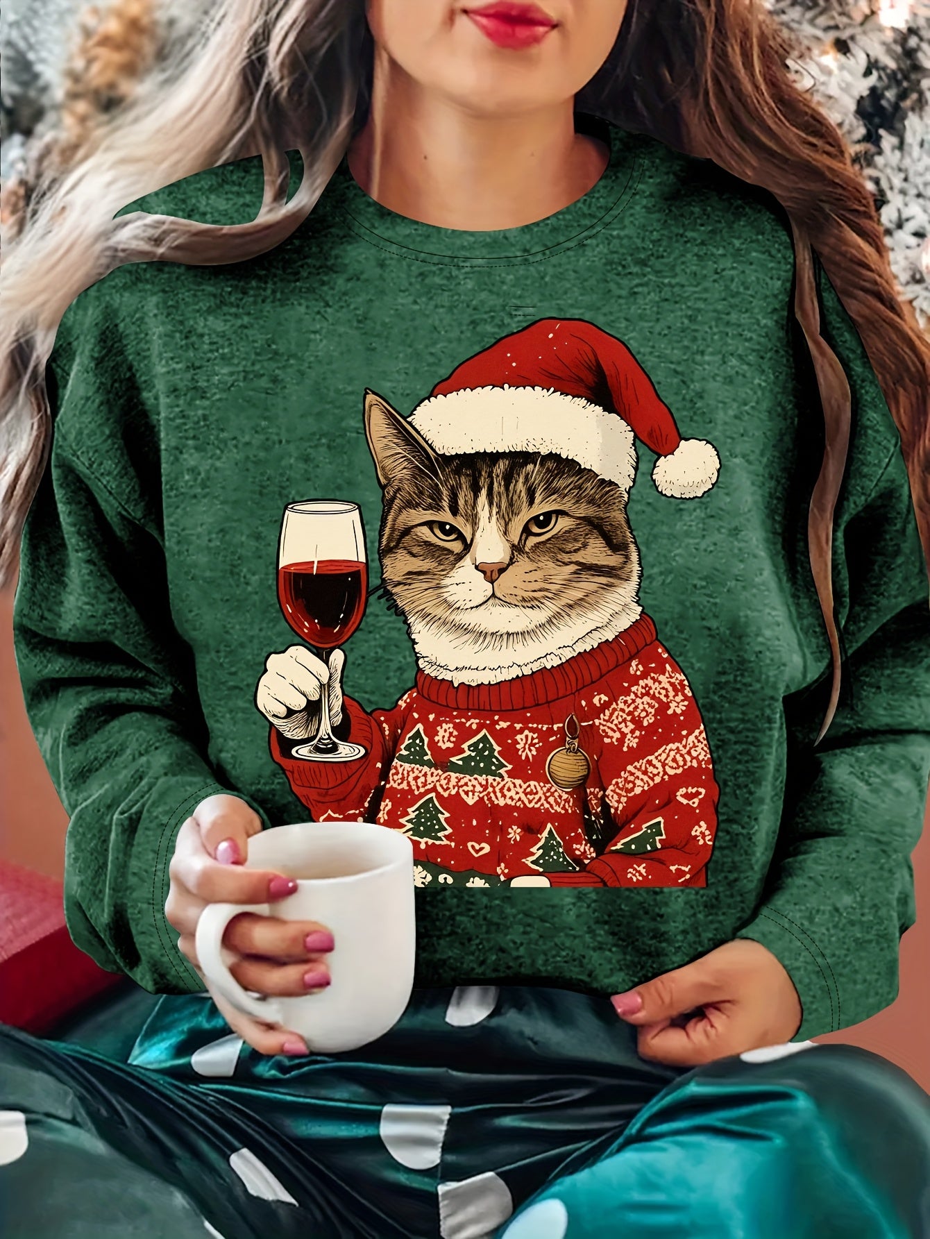 Comfortable Cat Graphic Christmas Tacky Sweater for Women with Crew Neck Long Sleeve Pullover Holiday Style