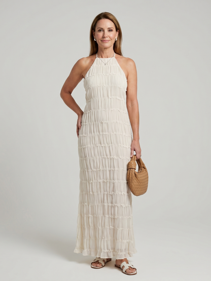 Textured Fringe Elegant Dress for Women with Halter Neck Sleeveless Tiered Maxi Flowing Style