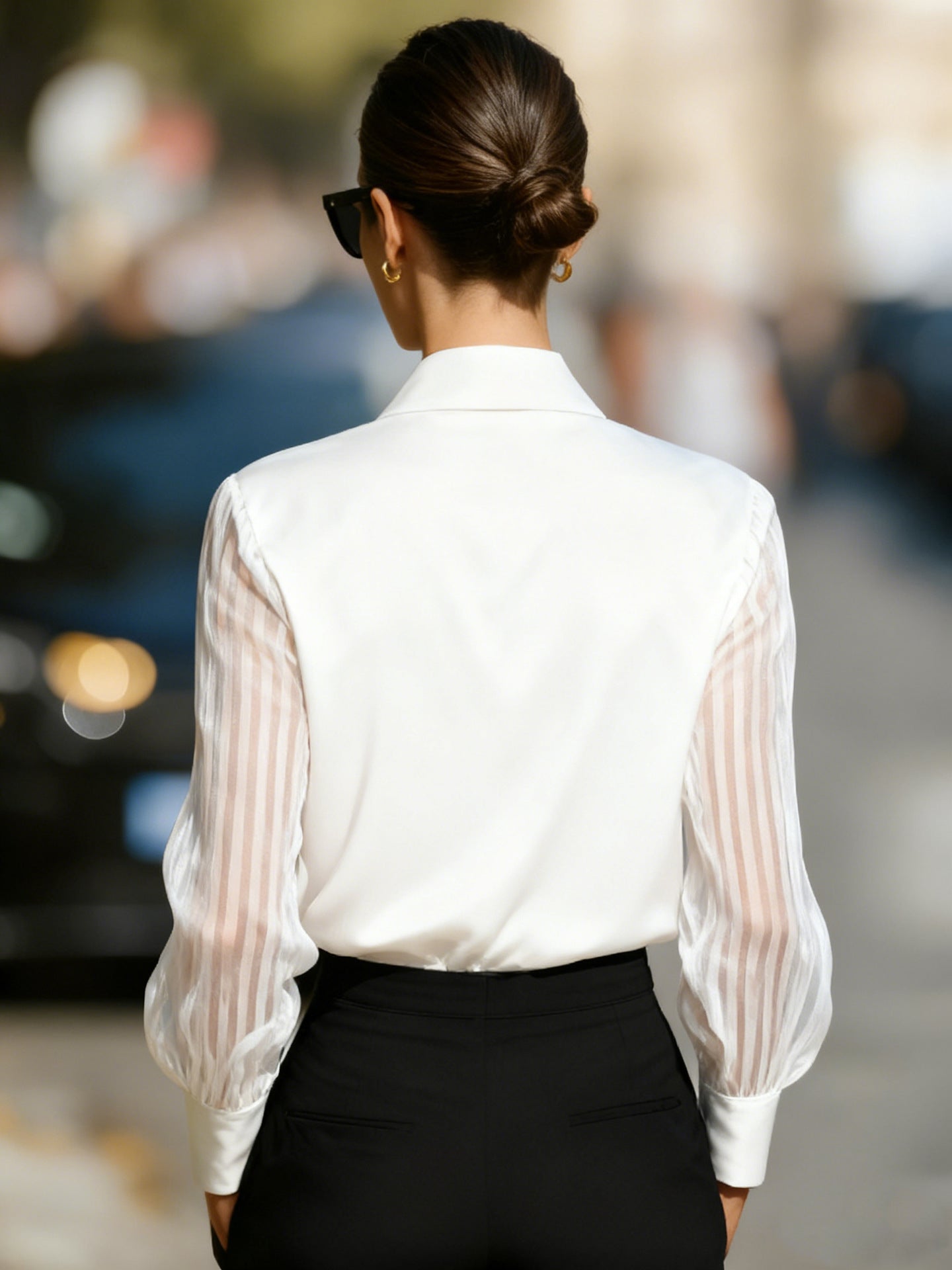 Elegant Satin Blouse for Women with Collared Button Up Sheer Stripe Sleeve Business Casual Style