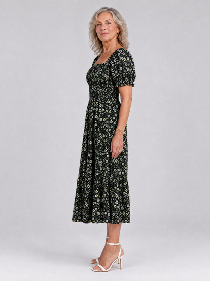 Effortless Floral Midi Dress for Women with Square Neck Puff Sleeve Smocked Bodice A Line Casual Style