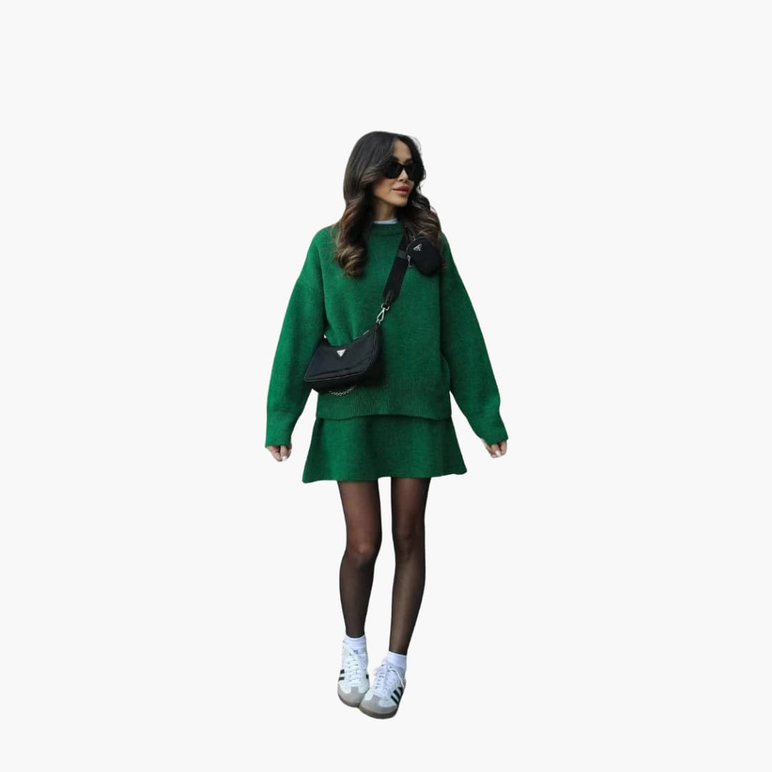 Chic Black Knit Two Piece Set for Women with Crew Neck Sweater High Waist Mini Skirt Lounge Style