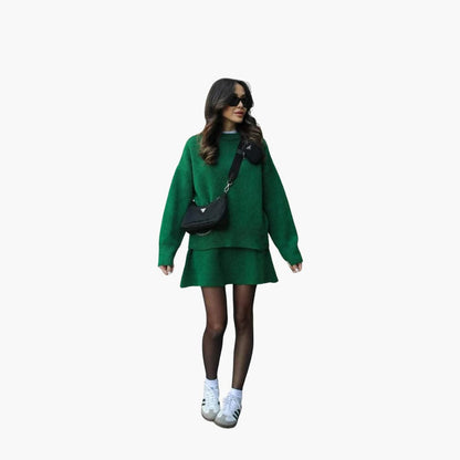 Chic Black Knit Two Piece Set for Women with Crew Neck Sweater High Waist Mini Skirt Lounge Style