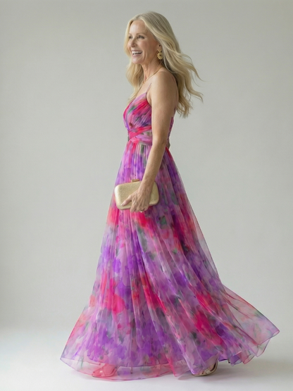 Effortless Watercolor Floral Maxi Dress for Women with V Neck Sleeveless Ruched Flowing Autumn Wedding Guest Style