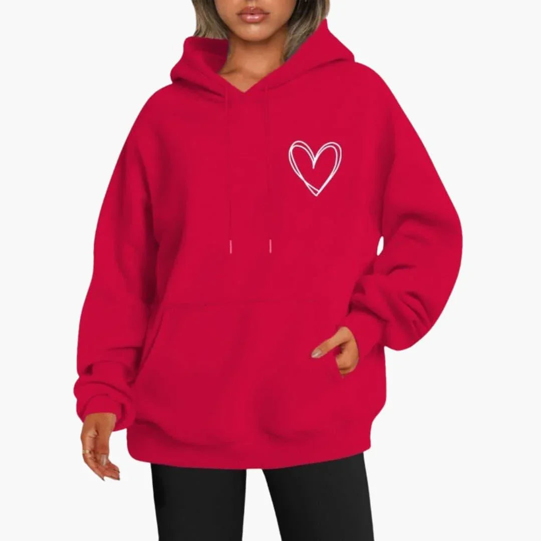 Comfortable Heart Print Hoodie for Women with Drawstring Hood Long Sleeve Oversized Relaxed Style