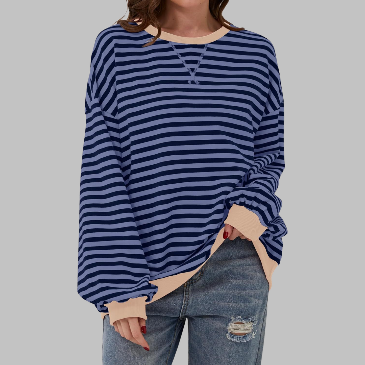 Comfortable Striped Sweatshirt for Women with Crew Neck Long Sleeve Contrast Trim Oversized Style
