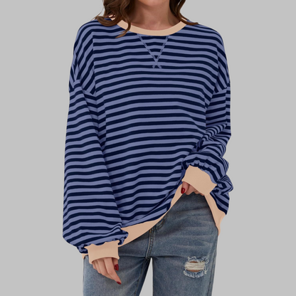 Comfortable Striped Sweatshirt for Women with Crew Neck Long Sleeve Contrast Trim Oversized Style