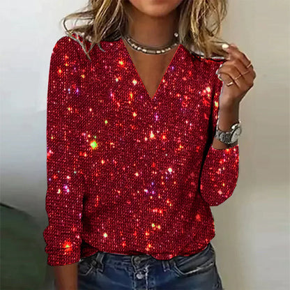 Elegant Silver Sequin Going Out Top for Women with V Neck Long Sleeve Cutout Sparkle Party Style