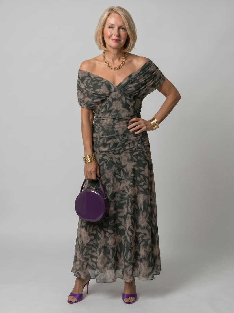 Elegant Purple Dress for Women with V Neck Flutter Sleeve Floral Ruched Maxi Wedding Guest Style