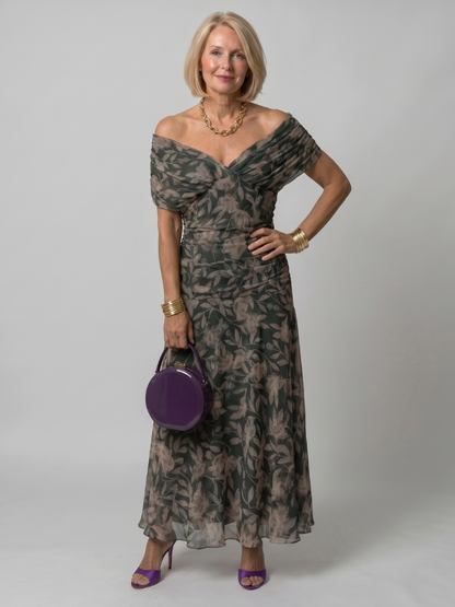 Elegant Purple Dress for Women with V Neck Flutter Sleeve Floral Ruched Maxi Wedding Guest Style