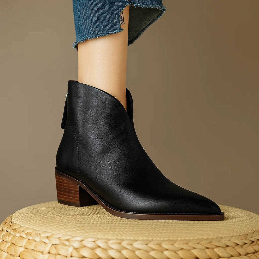 Elegant Leather Ankle Women Boots with Pointed Toe Block Heel Side Zip Style