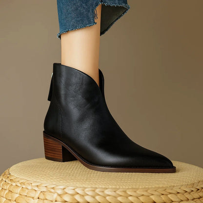 Elegant Leather Ankle Women Boots with Pointed Toe Block Heel Side Zip Style