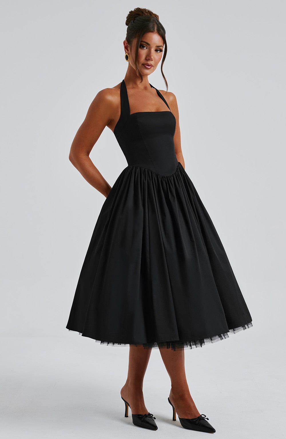 Gabrielle | Elegant White Formal Wedding Guest Dress in A Line Midi Style