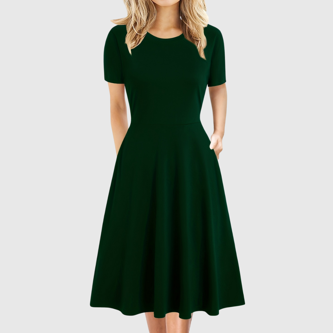 Elegant A Line Dress for Women with Round Neck Short Sleeve Fit and Flare Midi Casual Retro Style