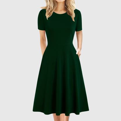 Elegant A Line Dress for Women with Round Neck Short Sleeve Fit and Flare Midi Casual Retro Style