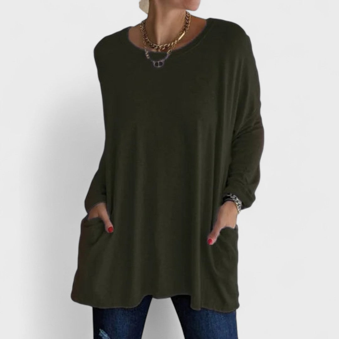 Comfortable Oversized Tunic for Women with Crew Neck Long Sleeve Side Pocket Relaxed Style