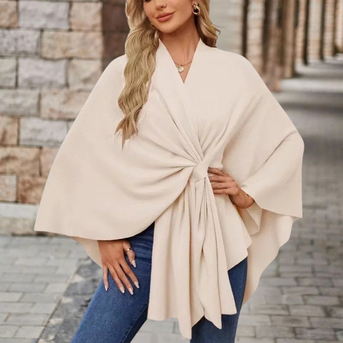 Elegant Knit Poncho for Women with V Neck Batwing Sleeve Tie Waist Wrap Style