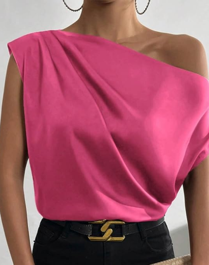 Elegant Satin Off The Shoulder Top for Women with Draped Asymmetric Sleeveless Silky Style