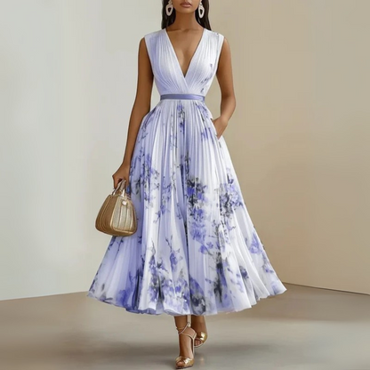 Elegant Floral Midi Dress for Women with V Neck Sleeveless Pleated Skirt Belted Waist Formal Style