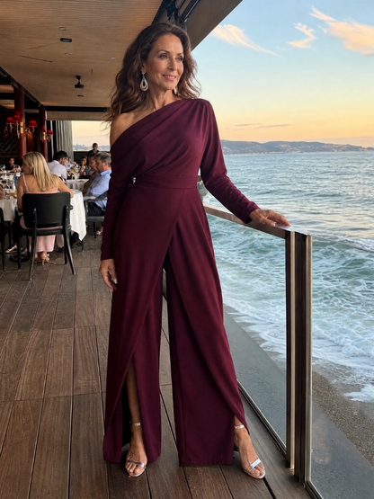 Elegant Wide Leg Jumpsuit for Women with One Shoulder Long Sleeve Draped Waist Formal Wedding Guest Style