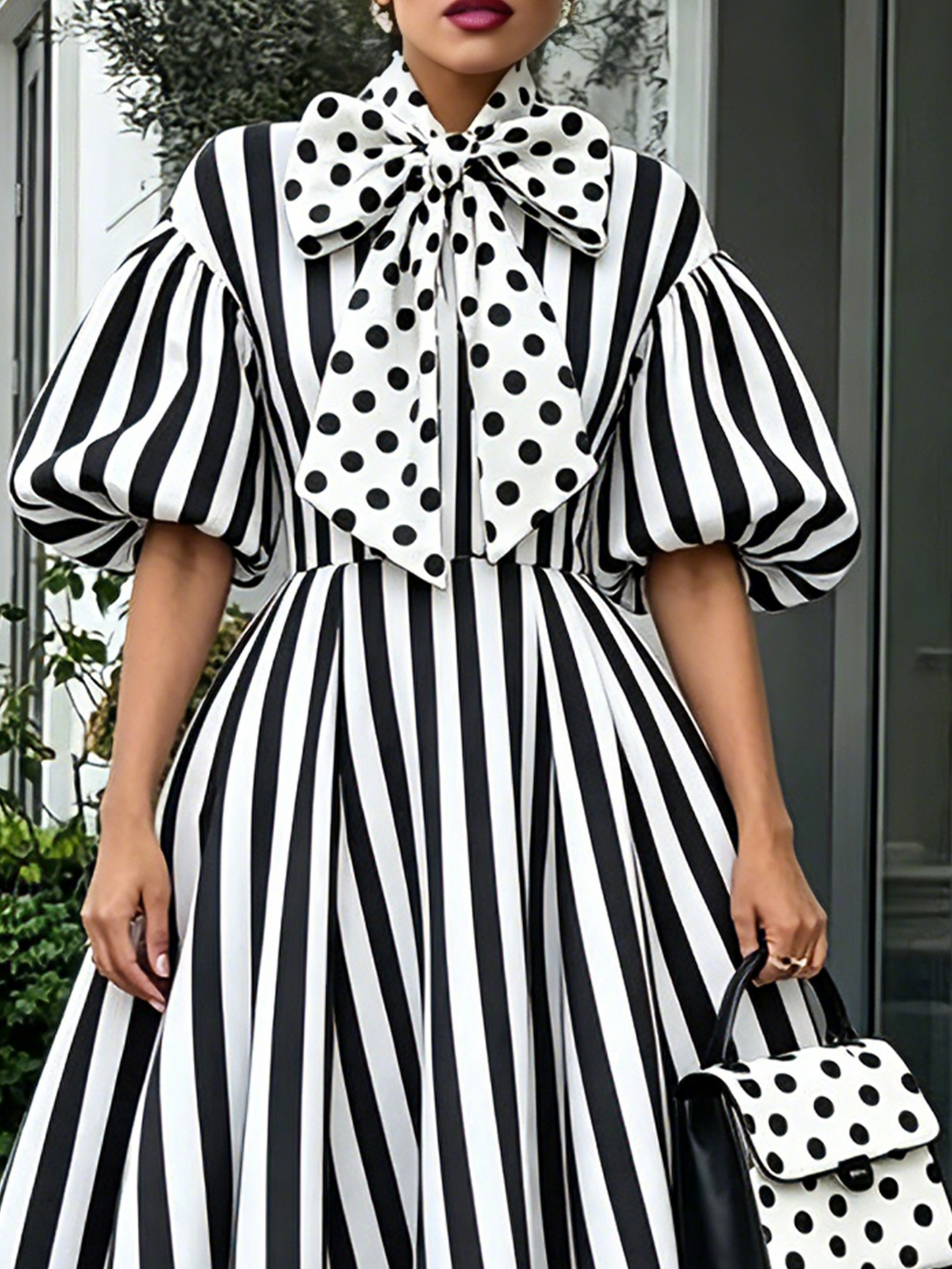 Elegant Black and White Polka Dot Dress for Women with Bow Tie Collar Balloon Sleeve Striped Fit and Flare Style
