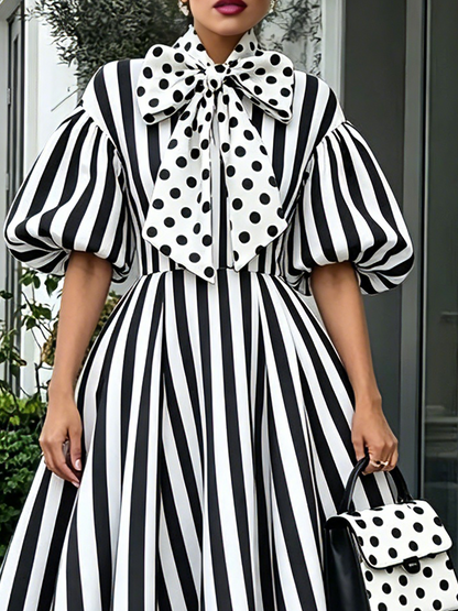 Elegant Black and White Polka Dot Dress for Women with Bow Tie Collar Balloon Sleeve Striped Fit and Flare Style