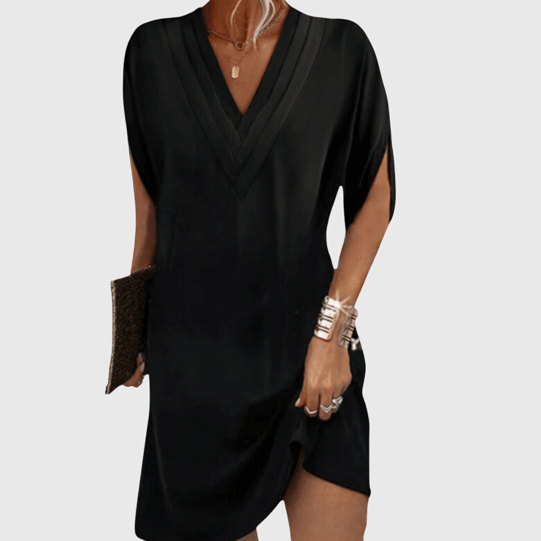 Effortless V Neck Mini Dress for Women with Short Sleeve Draped Cocoon Relaxed Style