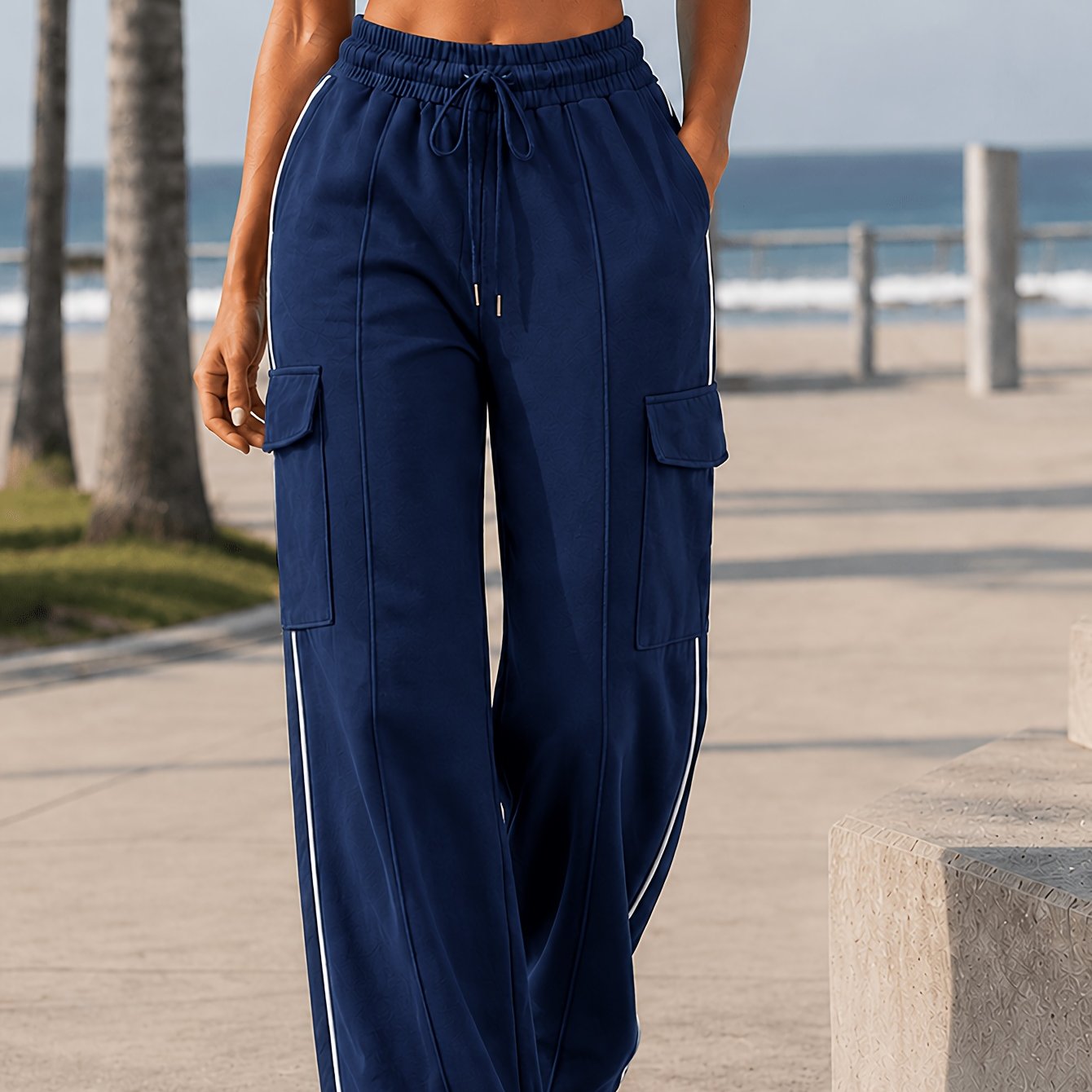 Effortless Wide Leg Cargo Pants for Women with High Waist Drawstring Side Stripe Relaxed Casual Style