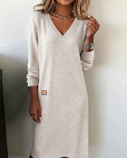 Comfortable Knit Sweater Dress for Women with V Neck Long Sleeve Striped Cuff Relaxed Style