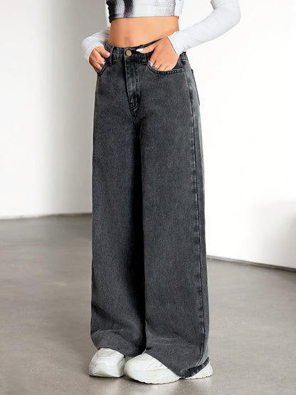 Relaxed Grey Wide Leg Jeans for Women with High Waist Flowing Loose Fit Denim Style