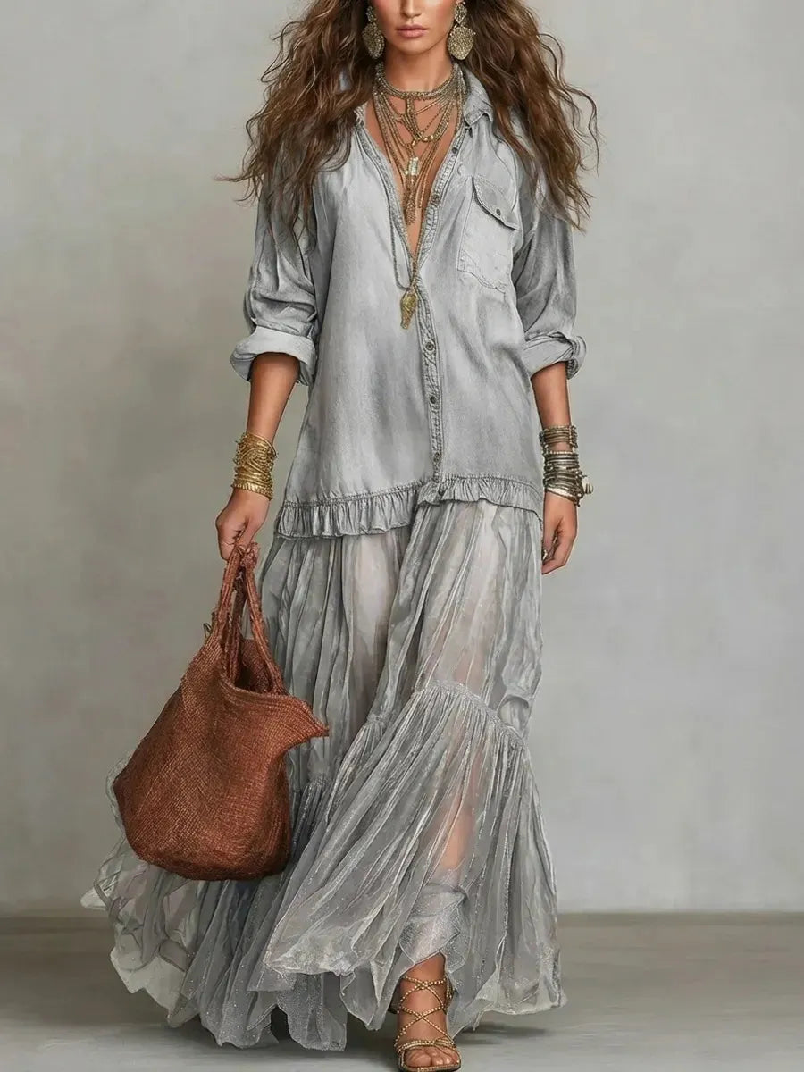 Effortless Maxi Dress for Women with Button-Front Shirt Collar Sheer Tiered Skirt