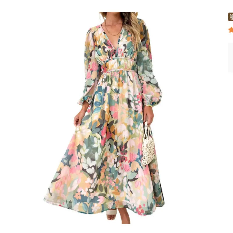 Effortless Floral Midi Dress for Women with V Neck Balloon Sleeve Smocked Waist Flowing Bohemian Style